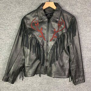 Vintage Black Rose Fringe Leather Biker Motorcycle Full Zip  Jacket Womens Sz 12